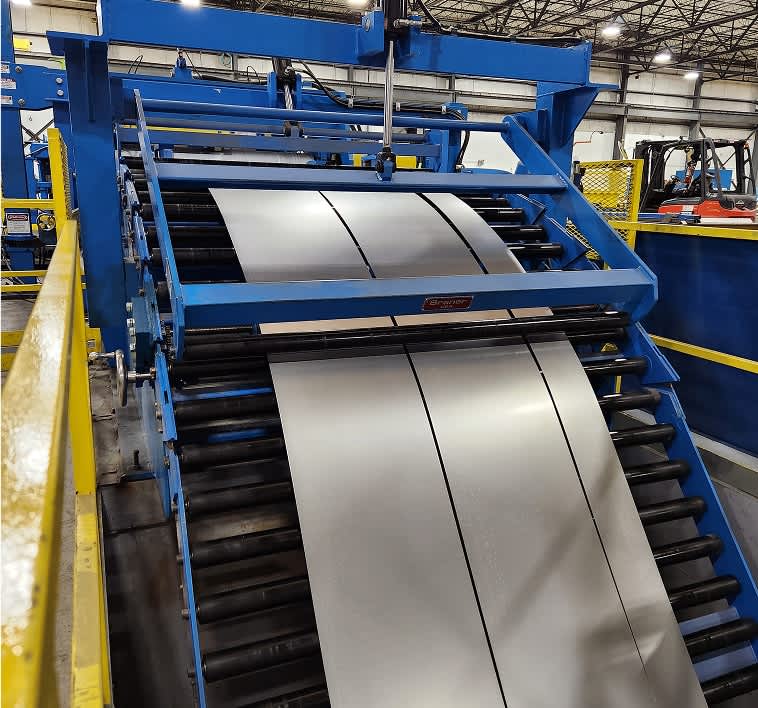 High-speed metal slitting line full production layout in industrial factory