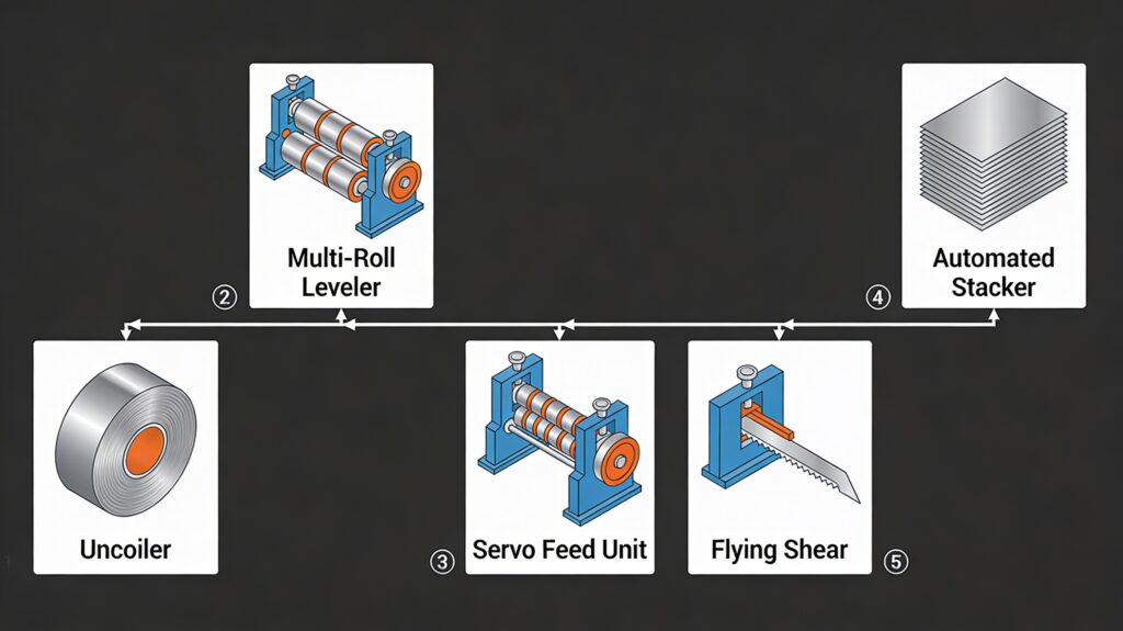 CTL line process flow: Uncoiler → Leveler → Servo Feed → Flying Shear → Stacker