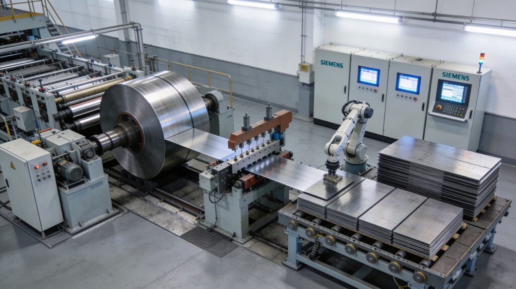 Automated cut-to-length line showing coil uncoiling, straightening, shearing and sheet stacking sequence inside a modern North American fabrication facility