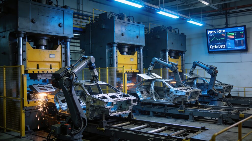 High-tonnage automotive transfer press line with three mechanical presses in sequence and robotic transfer arms forming structural steel body panels, with real-time monitoring screens on wall