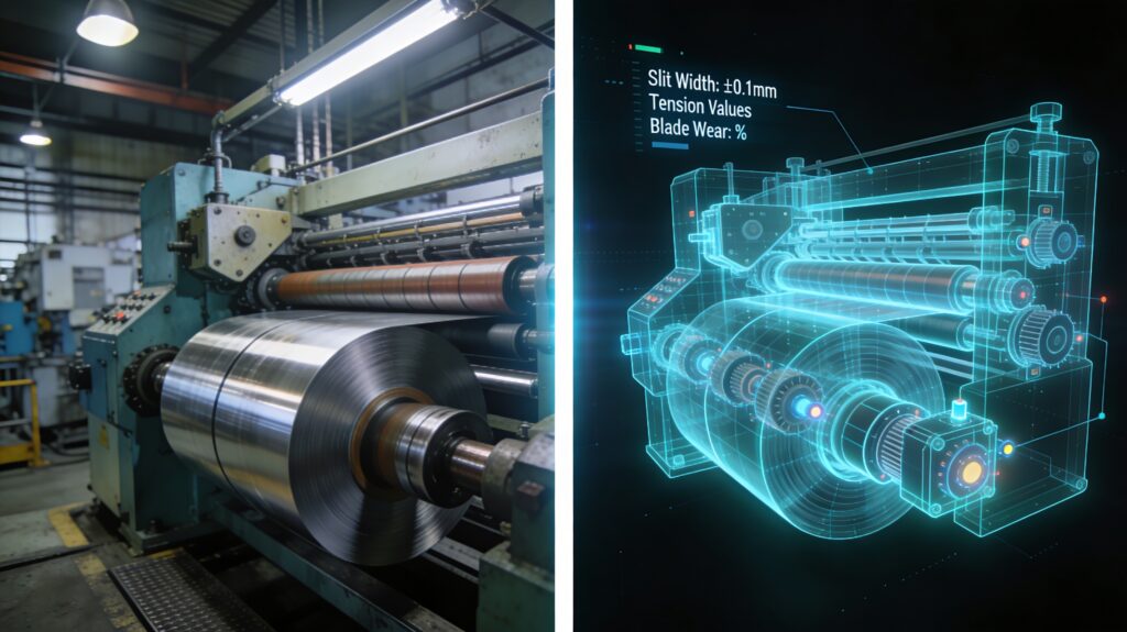 Split-screen digital twin visualization: left half shows a physical metal coil slitting line in factory operation, right half shows the same machine as a glowing blue 3D digital model with overlaid sensor data including slit width tolerance, tension values, and blade wear percentage