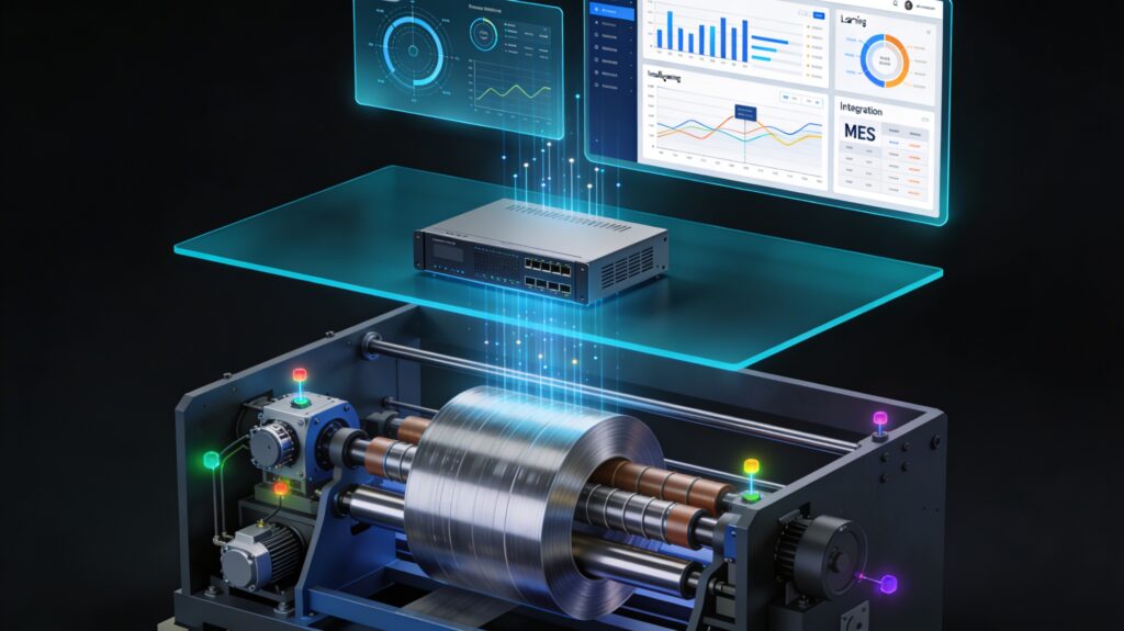 Isometric technical illustration of three-layer IIoT architecture on a metal coil slitting line: physical sensor layer at bottom with glowing sensor nodes on machine components, edge computing unit in the middle, and intelligence layer at top showing real-time analytics dashboards and MES integration