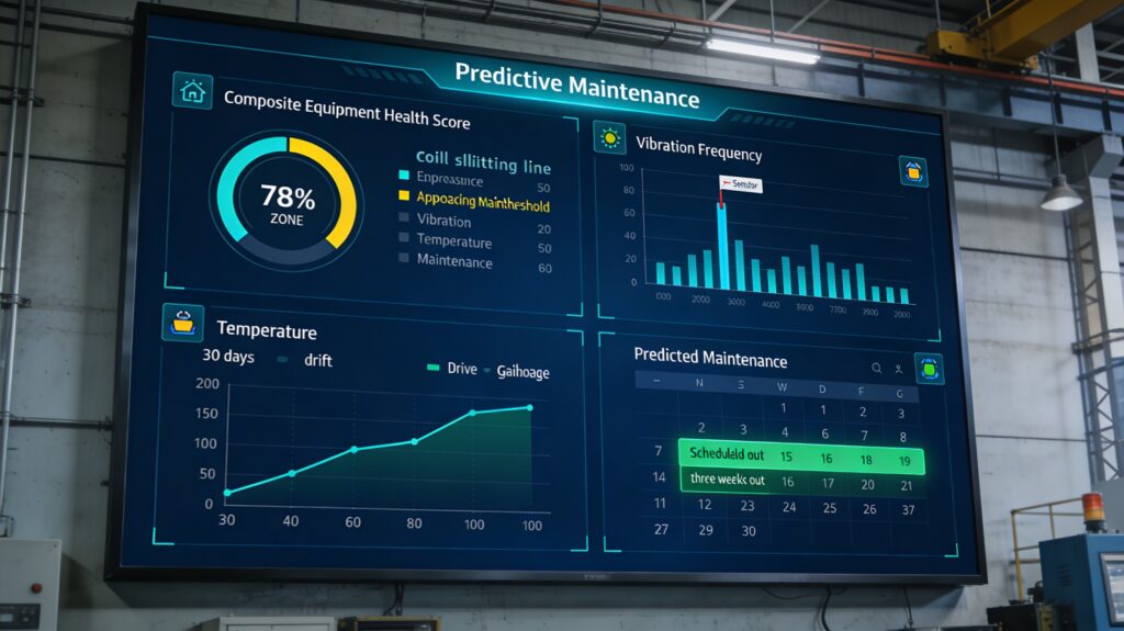 Predictive maintenance monitoring dashboard for a metal coil slitting line showing composite equipment health score at 78%, vibration frequency spectrum with anomaly spike annotation, 30-day temperature drift trend on drive gearbox, and scheduled maintenance calendar with upcoming maintenance window highlighted