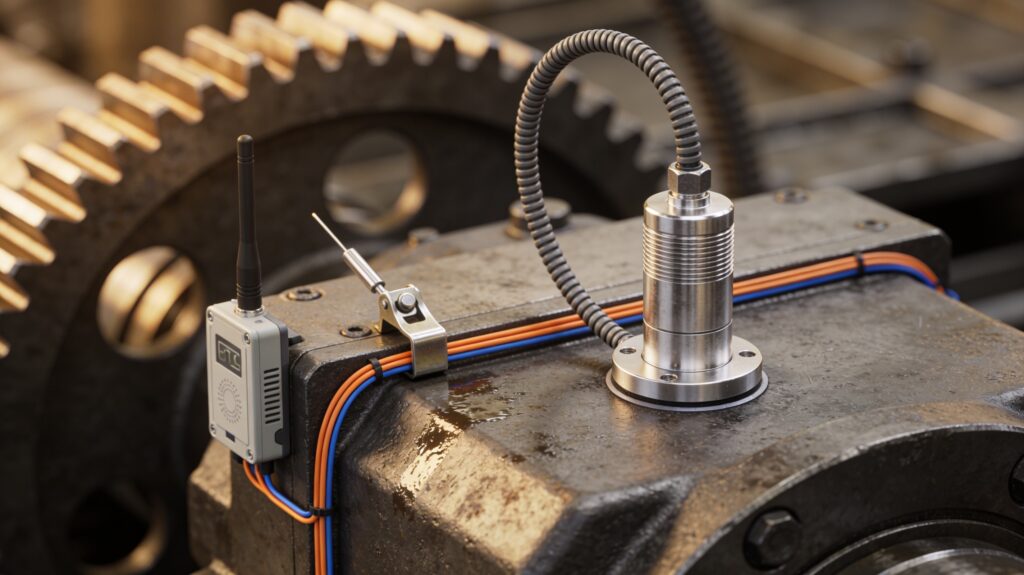 Macro close-up of an IIoT vibration sensor and temperature probe magnetically mounted on an industrial gearbox housing inside a metal processing facility, with a wireless IoT transmitter module and neatly routed sensor cables