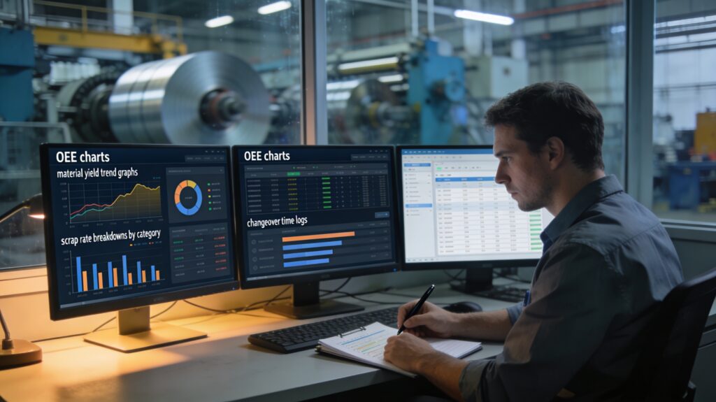 Manufacturing engineer reviewing production baseline data including OEE charts, material yield trends, scrap rate breakdown, and changeover time logs on three monitors inside a metal processing facility