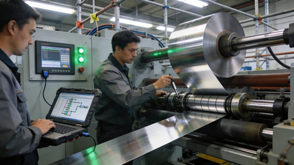 Two engineers commissioning a newly installed automated metal coil slitting line — one connecting a laptop to the PLC control panel, the other calibrating tension roller alignment with a precision tool during the control system integration phase