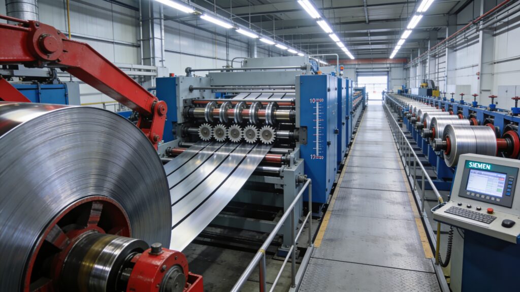 Progressive die stamping metal strip showing pilot holes, blanking cutouts, and formed parts across three die stations, with precision micrometer measuring ±0.1mm slit width tolerance