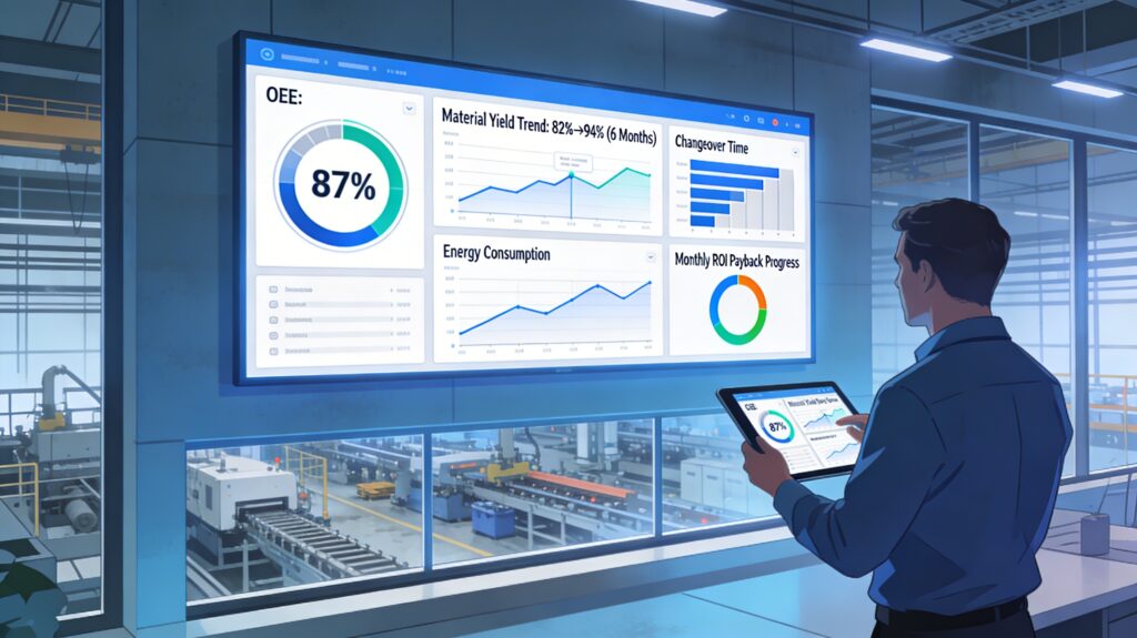 Industrial operations dashboard for a metal processing facility showing OEE gauge at 87%, material yield improvement trend chart, changeover time bar chart, energy consumption graph, and ROI payback progress indicator on a large wall-mounted display