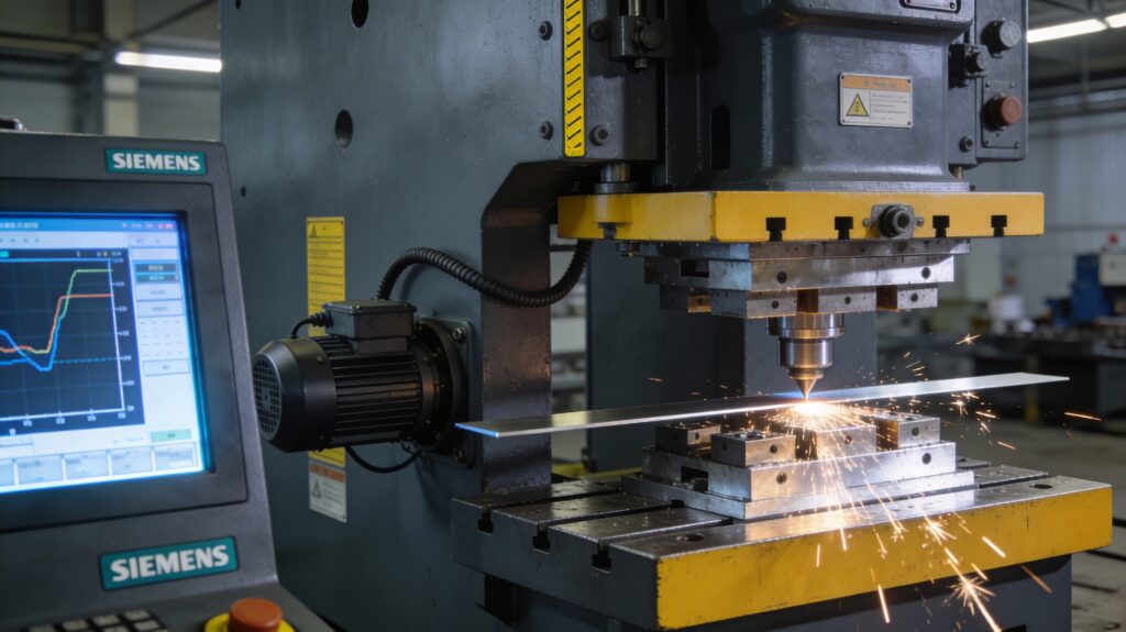 High-speed servo stamping press with direct-drive motor, progressive die in operation, and Siemens HMI touchscreen control panel showing motion profile