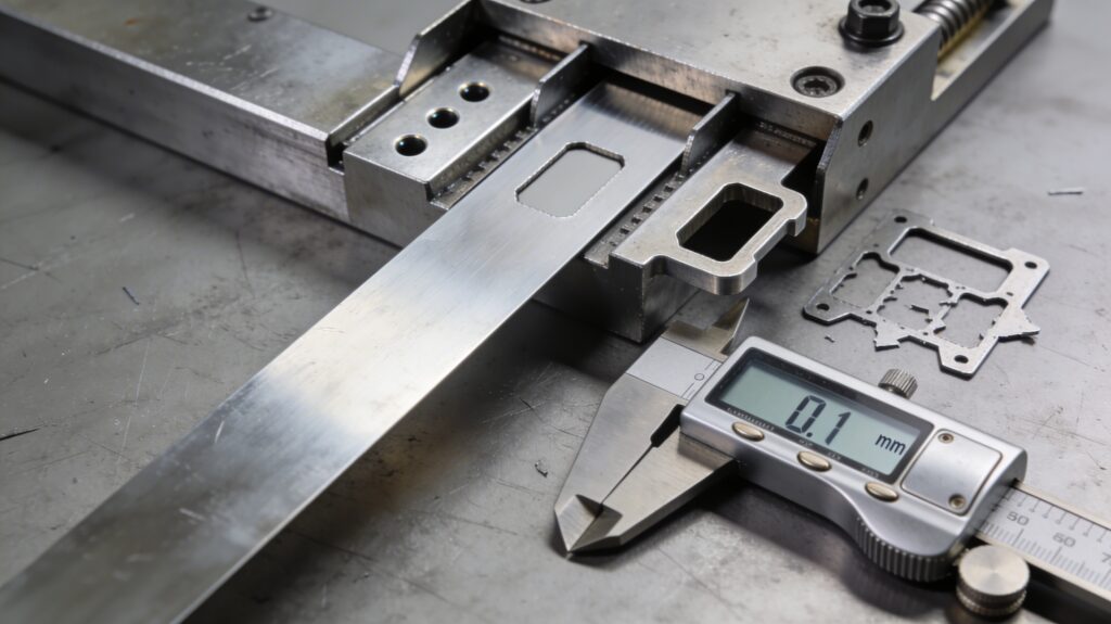 Progressive die stamping metal strip showing pilot holes, blanking cutouts, and formed parts across three die stations, with precision micrometer measuring ±0.1mm slit width tolerance